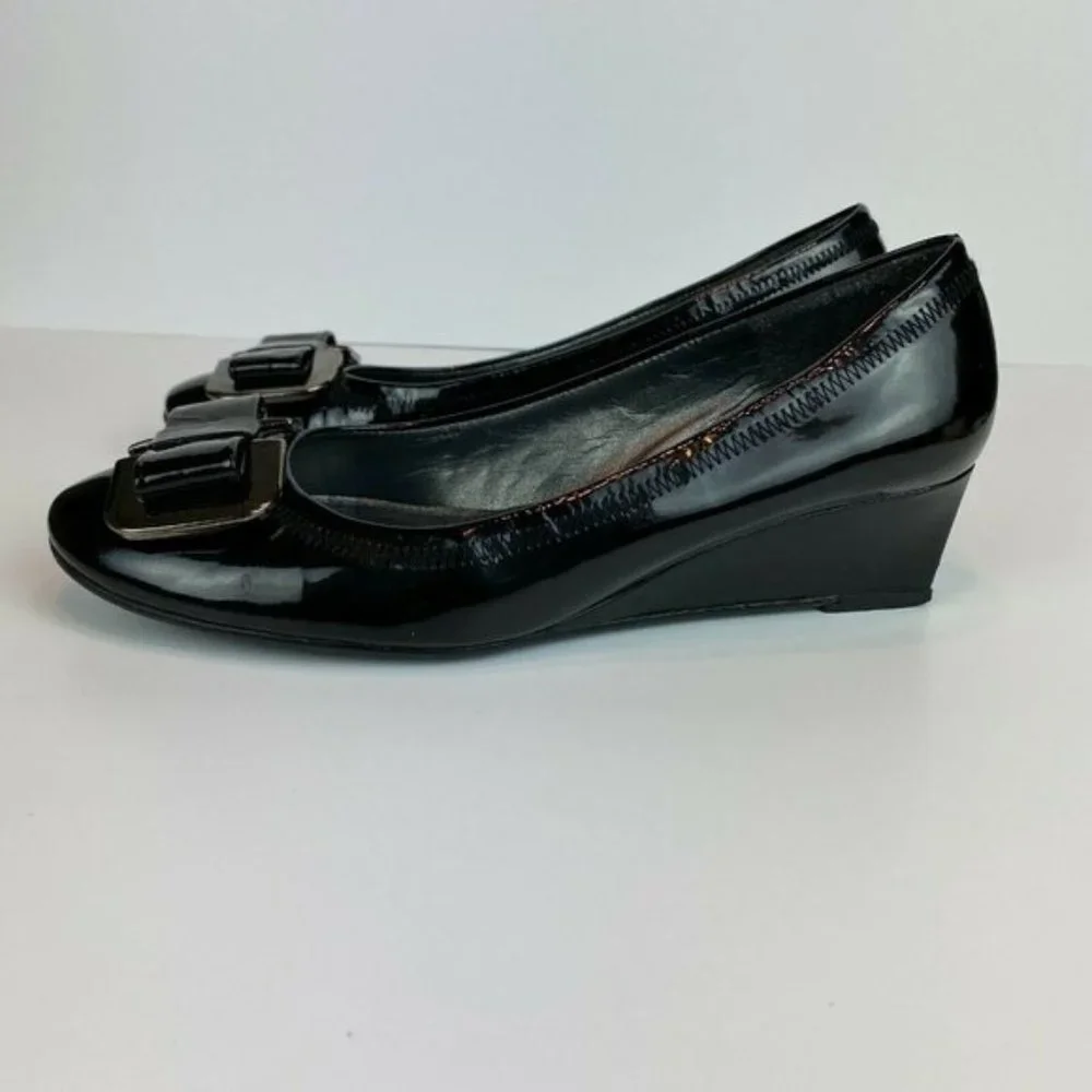 Stuart‎ Weitzman Wedge Heels 5.5 Black Patent Leather Silver Bow Office Career - Picture 4 of 11
